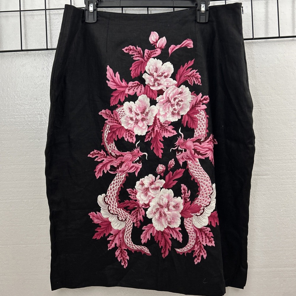 SILKLAND Women 16 ASIAN Linen Black Pink‎ Floral Dragon Pencil Skirt Beaded